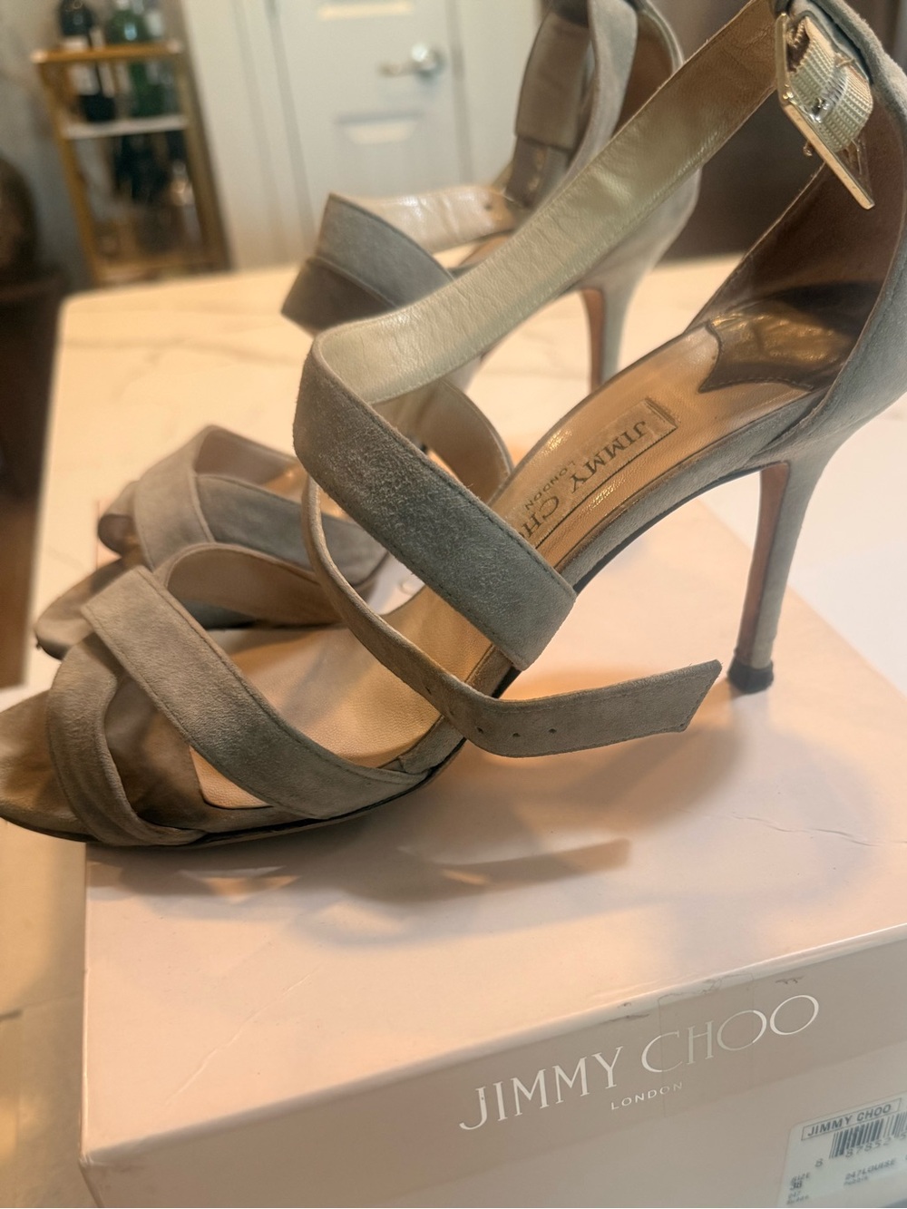 Jimmy Choo Gray Suede Strappy Stiletto Sandals